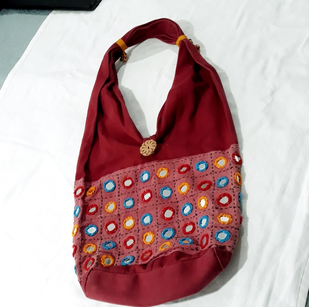 Boho Bag Shoulder/Crossbody Red and Multicolor With Mirrors Designed